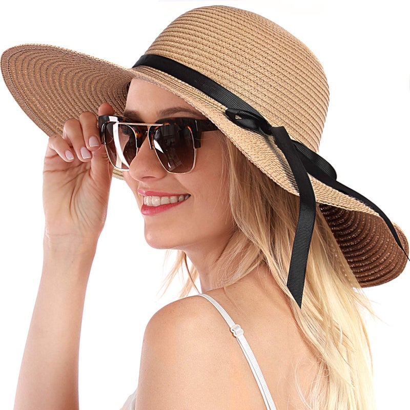 Double Couple Womens Straw Hat Wide Brim Floppy Beach Sun Hat for Women UPF 50+ Adjustable Strap Vacation - Image 1